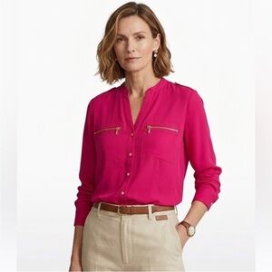 Calvin Klein Fuchsia Pink Gold Button Down Blouse Size Small